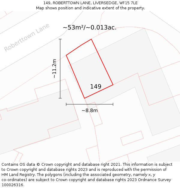 149, ROBERTTOWN LANE, LIVERSEDGE, WF15 7LE: Plot and title map