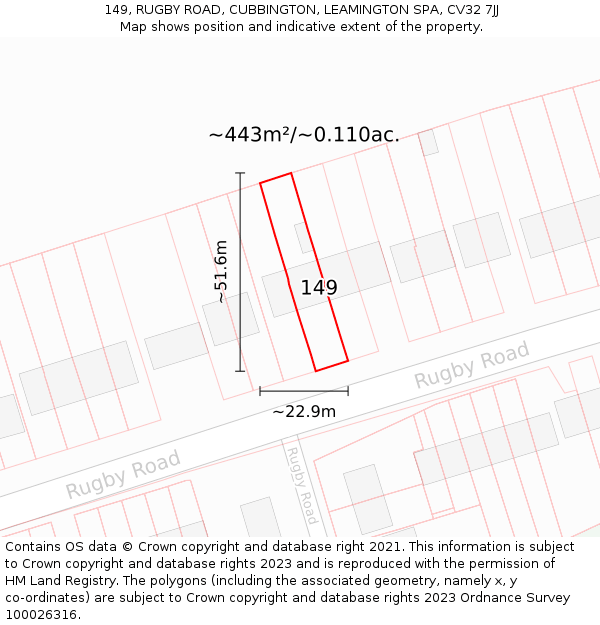 149, RUGBY ROAD, CUBBINGTON, LEAMINGTON SPA, CV32 7JJ: Plot and title map