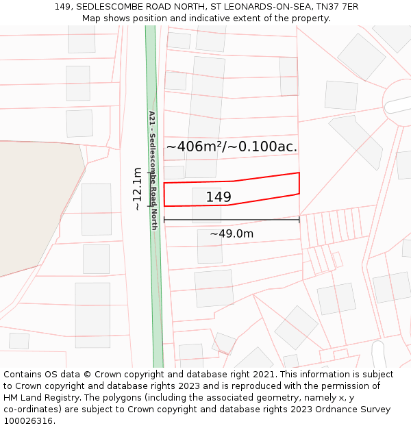 149, SEDLESCOMBE ROAD NORTH, ST LEONARDS-ON-SEA, TN37 7ER: Plot and title map