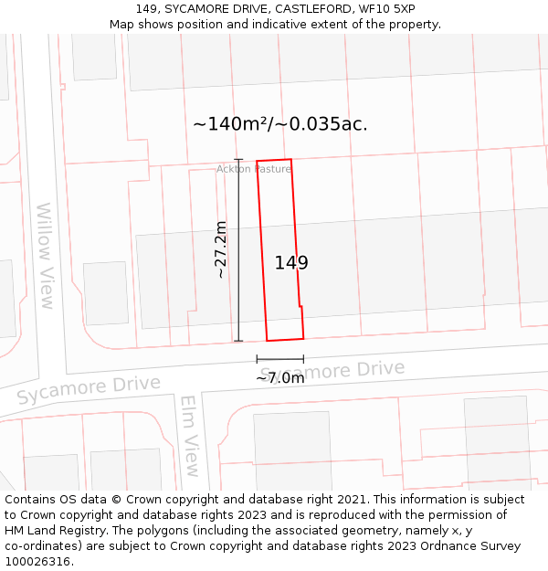 149, SYCAMORE DRIVE, CASTLEFORD, WF10 5XP: Plot and title map