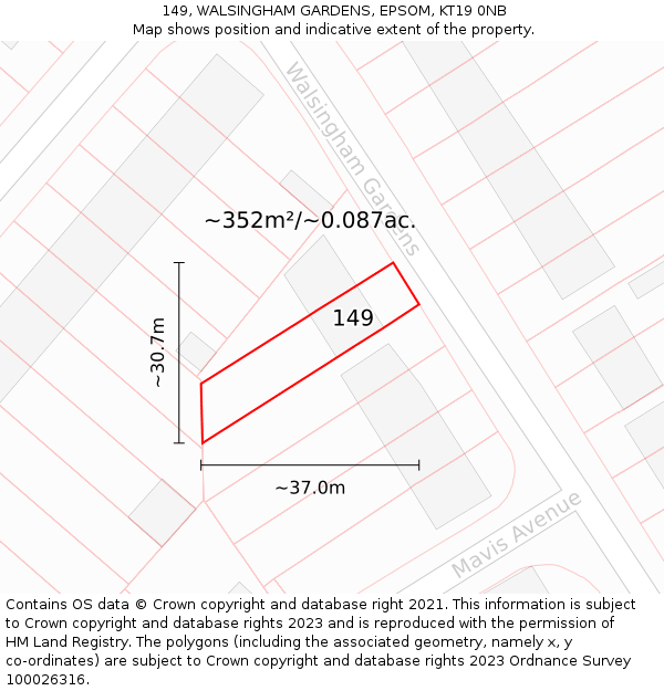 149, WALSINGHAM GARDENS, EPSOM, KT19 0NB: Plot and title map