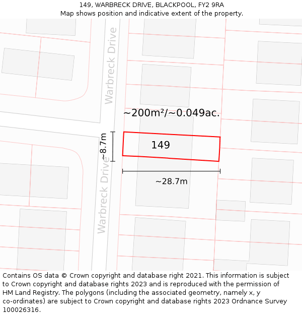 149, WARBRECK DRIVE, BLACKPOOL, FY2 9RA: Plot and title map