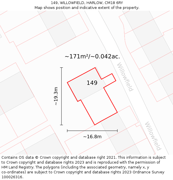 149, WILLOWFIELD, HARLOW, CM18 6RY: Plot and title map