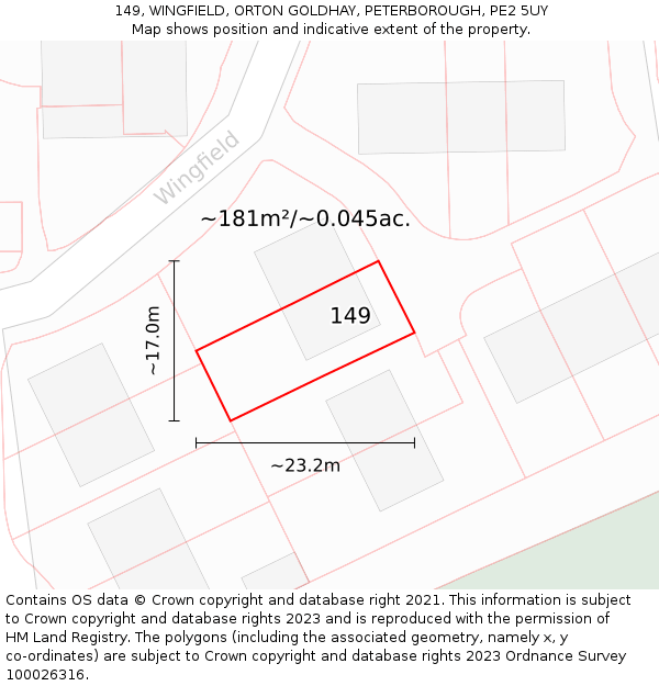 149, WINGFIELD, ORTON GOLDHAY, PETERBOROUGH, PE2 5UY: Plot and title map