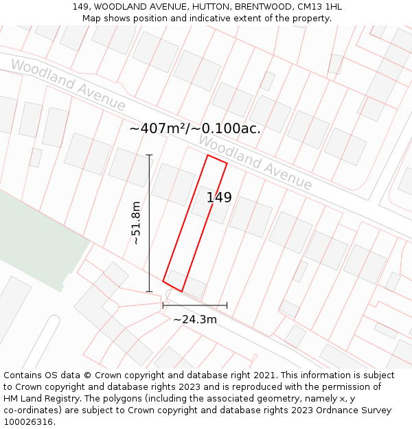 149, WOODLAND AVENUE, HUTTON, BRENTWOOD, CM13 1HL: Plot and title map