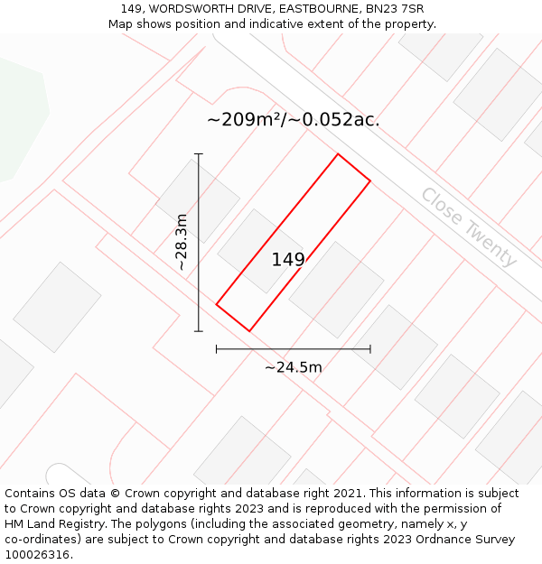 149, WORDSWORTH DRIVE, EASTBOURNE, BN23 7SR: Plot and title map