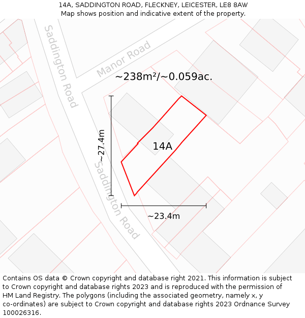 14A, SADDINGTON ROAD, FLECKNEY, LEICESTER, LE8 8AW: Plot and title map