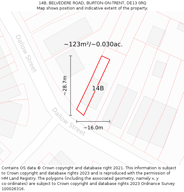 14B, BELVEDERE ROAD, BURTON-ON-TRENT, DE13 0RQ: Plot and title map