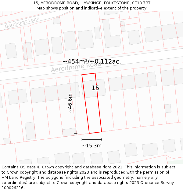 15, AERODROME ROAD, HAWKINGE, FOLKESTONE, CT18 7BT: Plot and title map