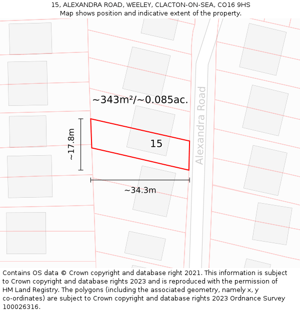 15, ALEXANDRA ROAD, WEELEY, CLACTON-ON-SEA, CO16 9HS: Plot and title map