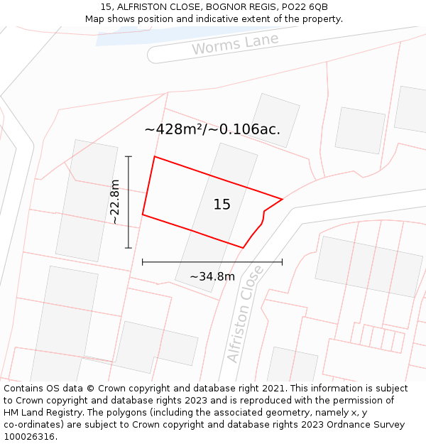 15, ALFRISTON CLOSE, BOGNOR REGIS, PO22 6QB: Plot and title map