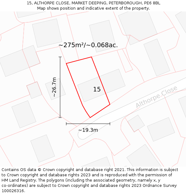 15, ALTHORPE CLOSE, MARKET DEEPING, PETERBOROUGH, PE6 8BL: Plot and title map