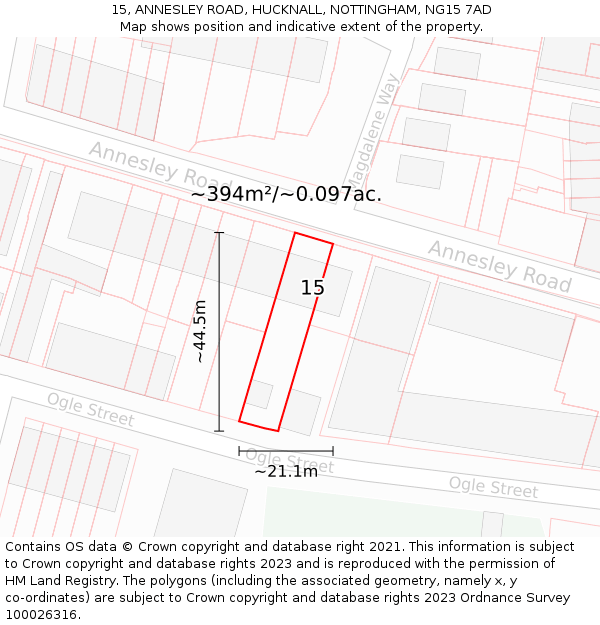 15, ANNESLEY ROAD, HUCKNALL, NOTTINGHAM, NG15 7AD: Plot and title map