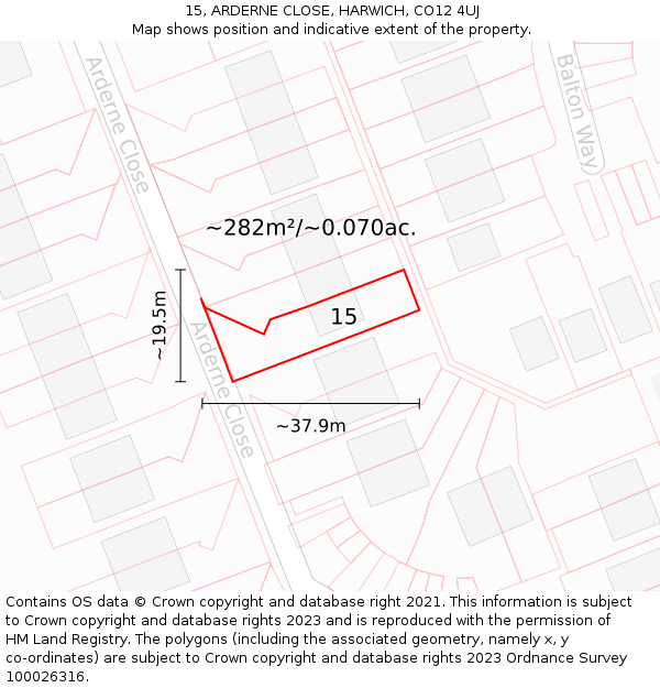 15, ARDERNE CLOSE, HARWICH, CO12 4UJ: Plot and title map