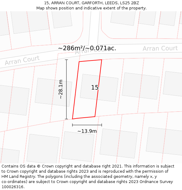 15, ARRAN COURT, GARFORTH, LEEDS, LS25 2BZ: Plot and title map