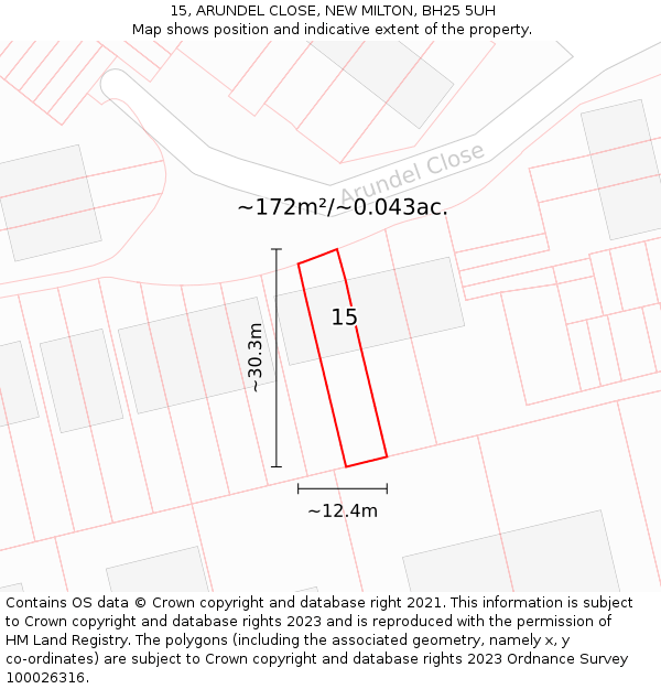 15, ARUNDEL CLOSE, NEW MILTON, BH25 5UH: Plot and title map