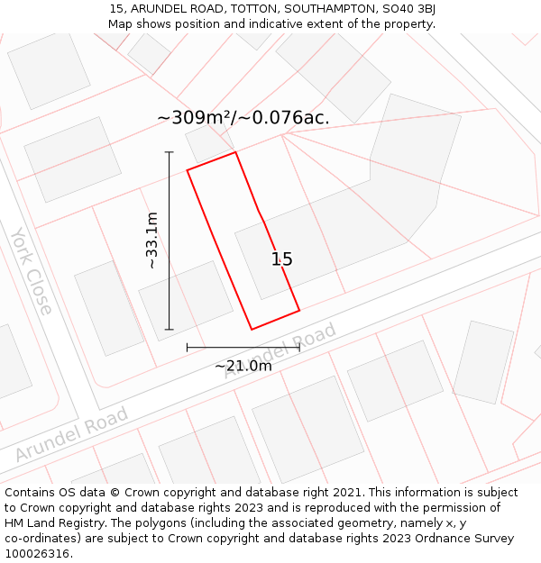 15, ARUNDEL ROAD, TOTTON, SOUTHAMPTON, SO40 3BJ: Plot and title map