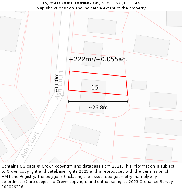 15, ASH COURT, DONINGTON, SPALDING, PE11 4XJ: Plot and title map