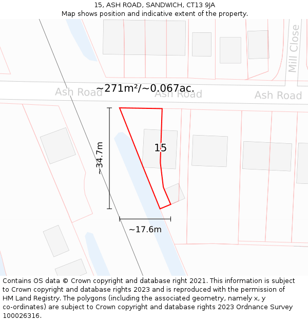 15, ASH ROAD, SANDWICH, CT13 9JA: Plot and title map