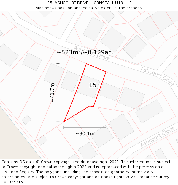 15, ASHCOURT DRIVE, HORNSEA, HU18 1HE: Plot and title map