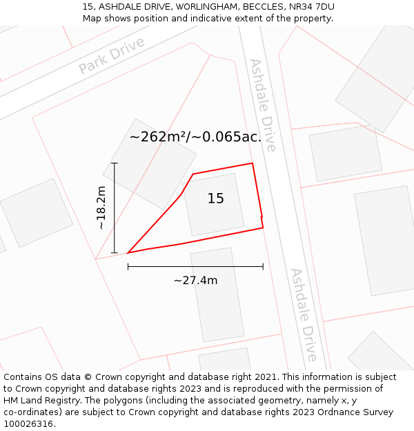 15, ASHDALE DRIVE, WORLINGHAM, BECCLES, NR34 7DU: Plot and title map