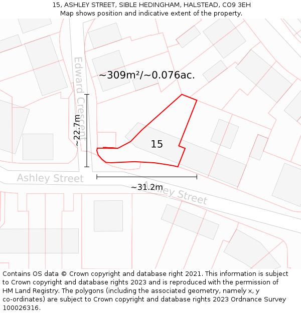 15, ASHLEY STREET, SIBLE HEDINGHAM, HALSTEAD, CO9 3EH: Plot and title map