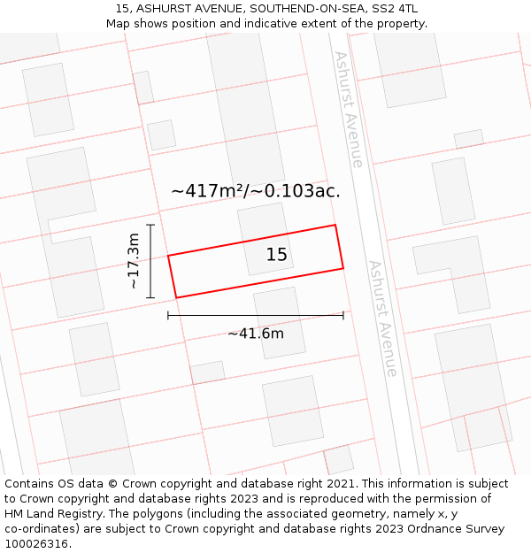 15, ASHURST AVENUE, SOUTHEND-ON-SEA, SS2 4TL: Plot and title map