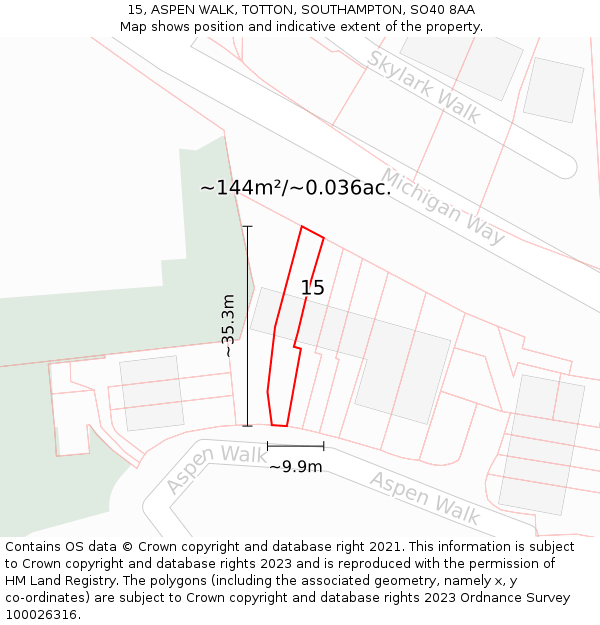 15, ASPEN WALK, TOTTON, SOUTHAMPTON, SO40 8AA: Plot and title map