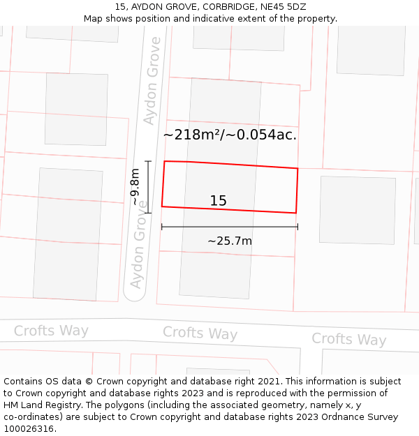 15, AYDON GROVE, CORBRIDGE, NE45 5DZ: Plot and title map