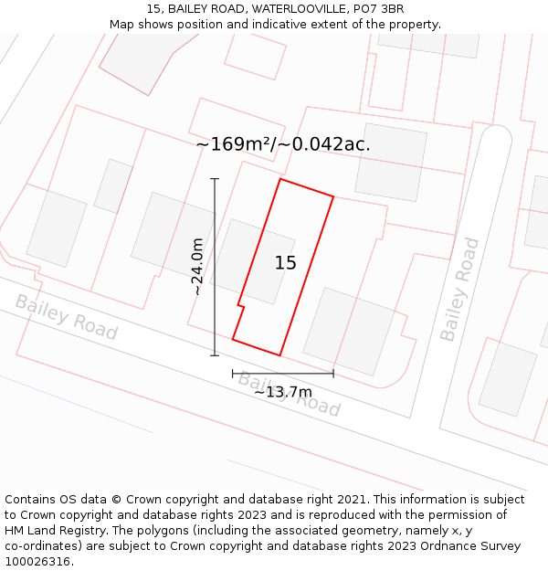 15, BAILEY ROAD, WATERLOOVILLE, PO7 3BR: Plot and title map