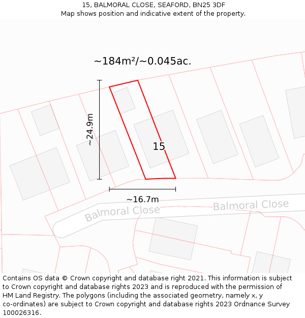 15, BALMORAL CLOSE, SEAFORD, BN25 3DF: Plot and title map