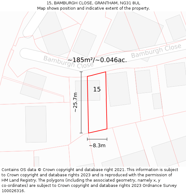 15, BAMBURGH CLOSE, GRANTHAM, NG31 8UL: Plot and title map