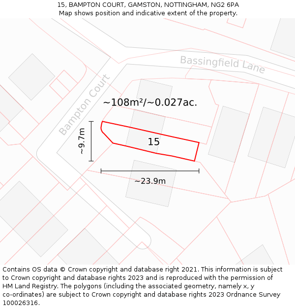 15, BAMPTON COURT, GAMSTON, NOTTINGHAM, NG2 6PA: Plot and title map