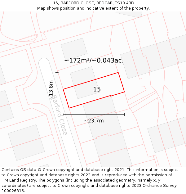 15, BARFORD CLOSE, REDCAR, TS10 4RD: Plot and title map