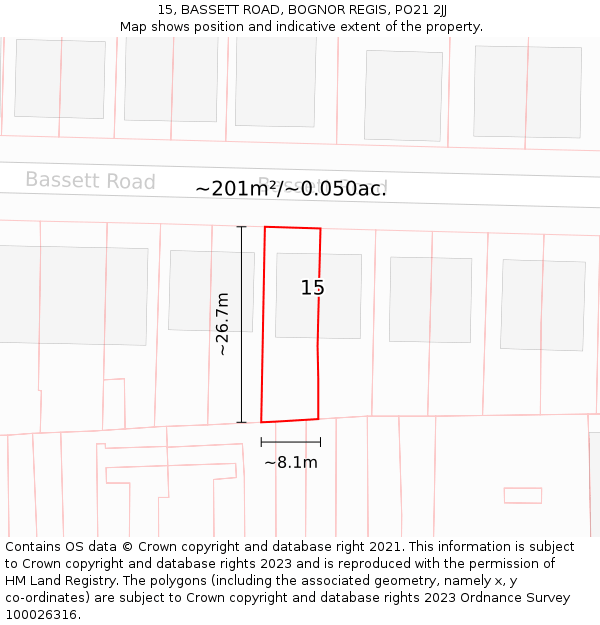 15, BASSETT ROAD, BOGNOR REGIS, PO21 2JJ: Plot and title map