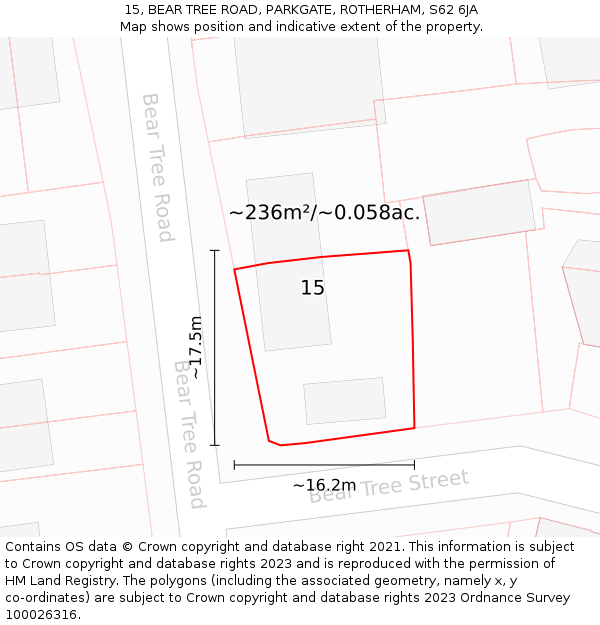 15, BEAR TREE ROAD, PARKGATE, ROTHERHAM, S62 6JA: Plot and title map