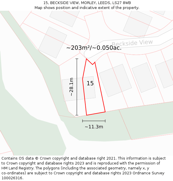 15, BECKSIDE VIEW, MORLEY, LEEDS, LS27 8WB: Plot and title map