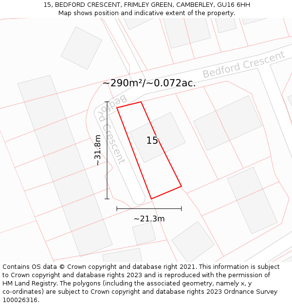 15, BEDFORD CRESCENT, FRIMLEY GREEN, CAMBERLEY, GU16 6HH: Plot and title map