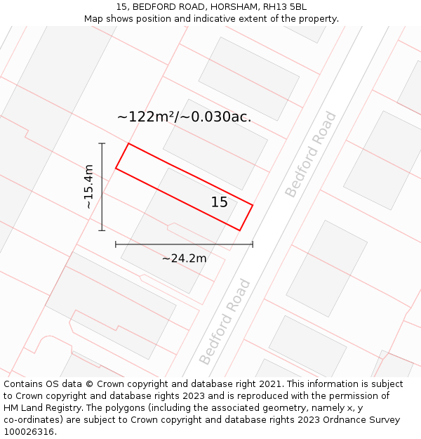 15, BEDFORD ROAD, HORSHAM, RH13 5BL: Plot and title map