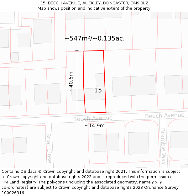 15, BEECH AVENUE, AUCKLEY, DONCASTER, DN9 3LZ: Plot and title map