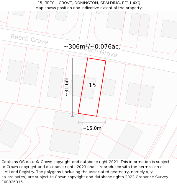 15, BEECH GROVE, DONINGTON, SPALDING, PE11 4XQ: Plot and title map