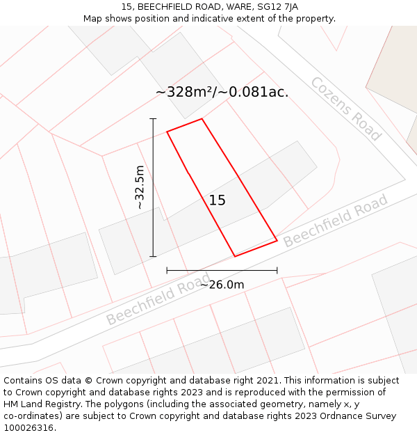 15, BEECHFIELD ROAD, WARE, SG12 7JA: Plot and title map