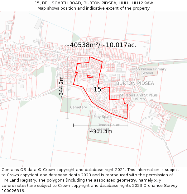 15, BELLSGARTH ROAD, BURTON PIDSEA, HULL, HU12 9AW: Plot and title map