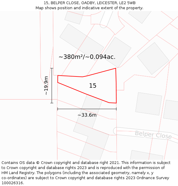 15, BELPER CLOSE, OADBY, LEICESTER, LE2 5WB: Plot and title map