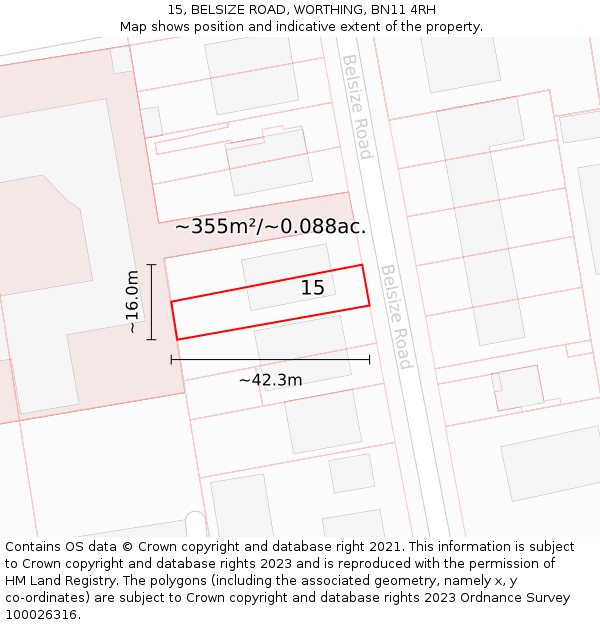 15, BELSIZE ROAD, WORTHING, BN11 4RH: Plot and title map