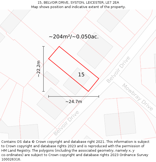 15, BELVOIR DRIVE, SYSTON, LEICESTER, LE7 2EA: Plot and title map