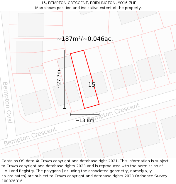 15, BEMPTON CRESCENT, BRIDLINGTON, YO16 7HF: Plot and title map