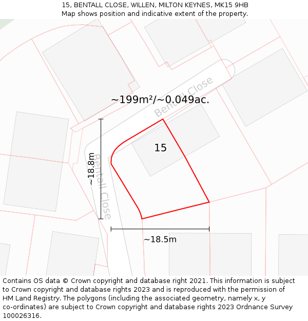 15, BENTALL CLOSE, WILLEN, MILTON KEYNES, MK15 9HB: Plot and title map