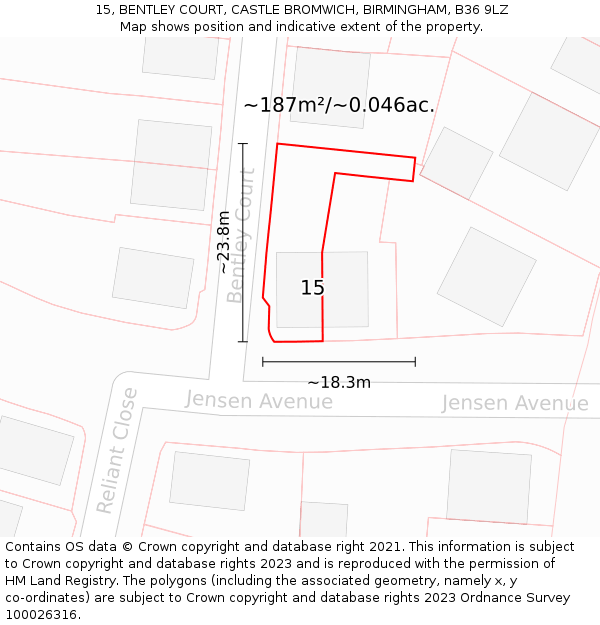 15, BENTLEY COURT, CASTLE BROMWICH, BIRMINGHAM, B36 9LZ: Plot and title map