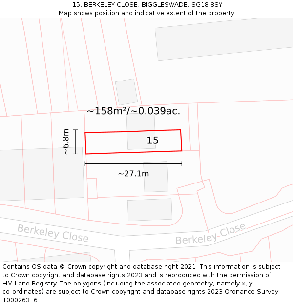 15, BERKELEY CLOSE, BIGGLESWADE, SG18 8SY: Plot and title map